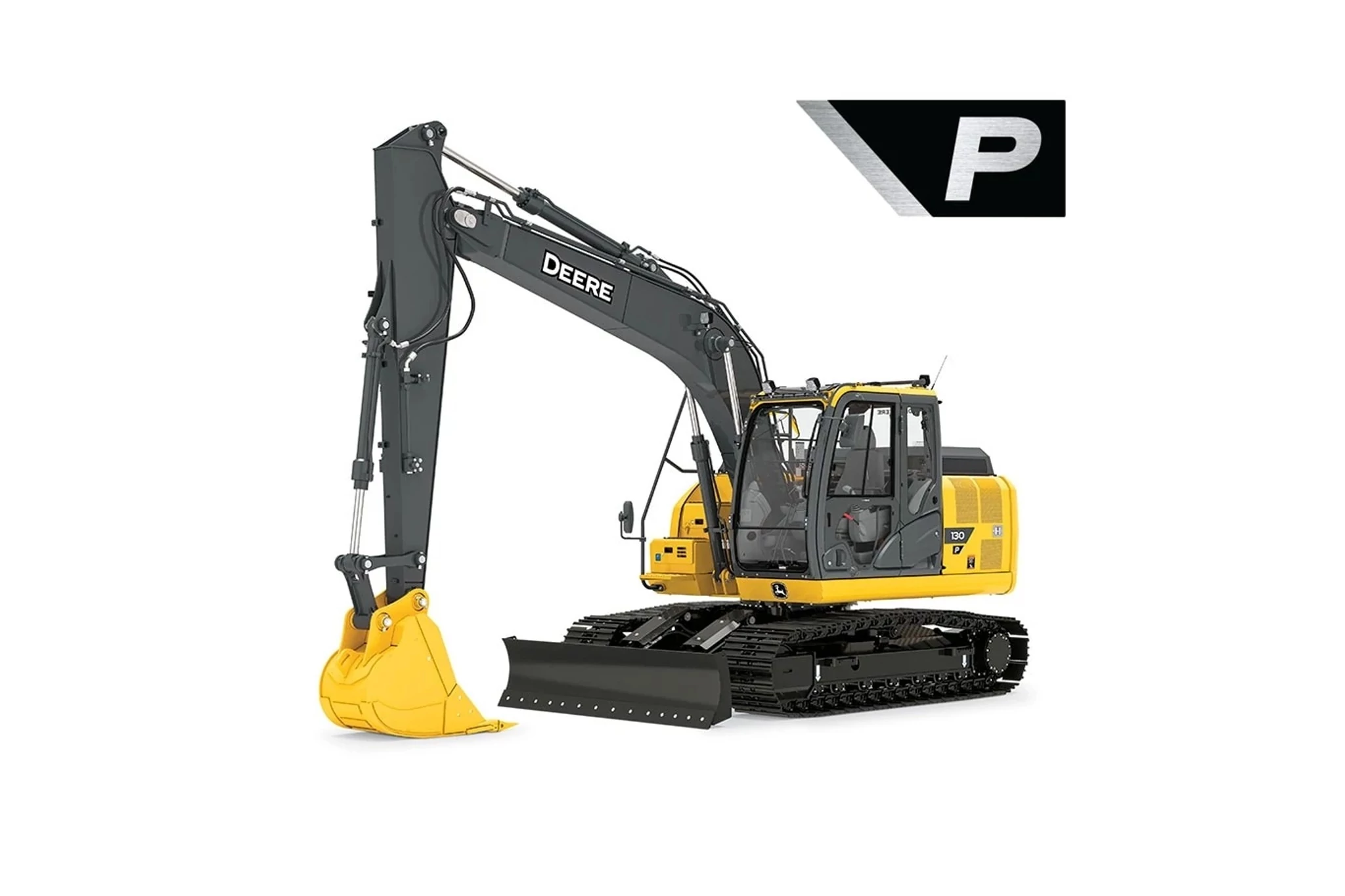 130 P-Tier Mid-Size Excavator with a close up of a yellow and black excavator on a white background