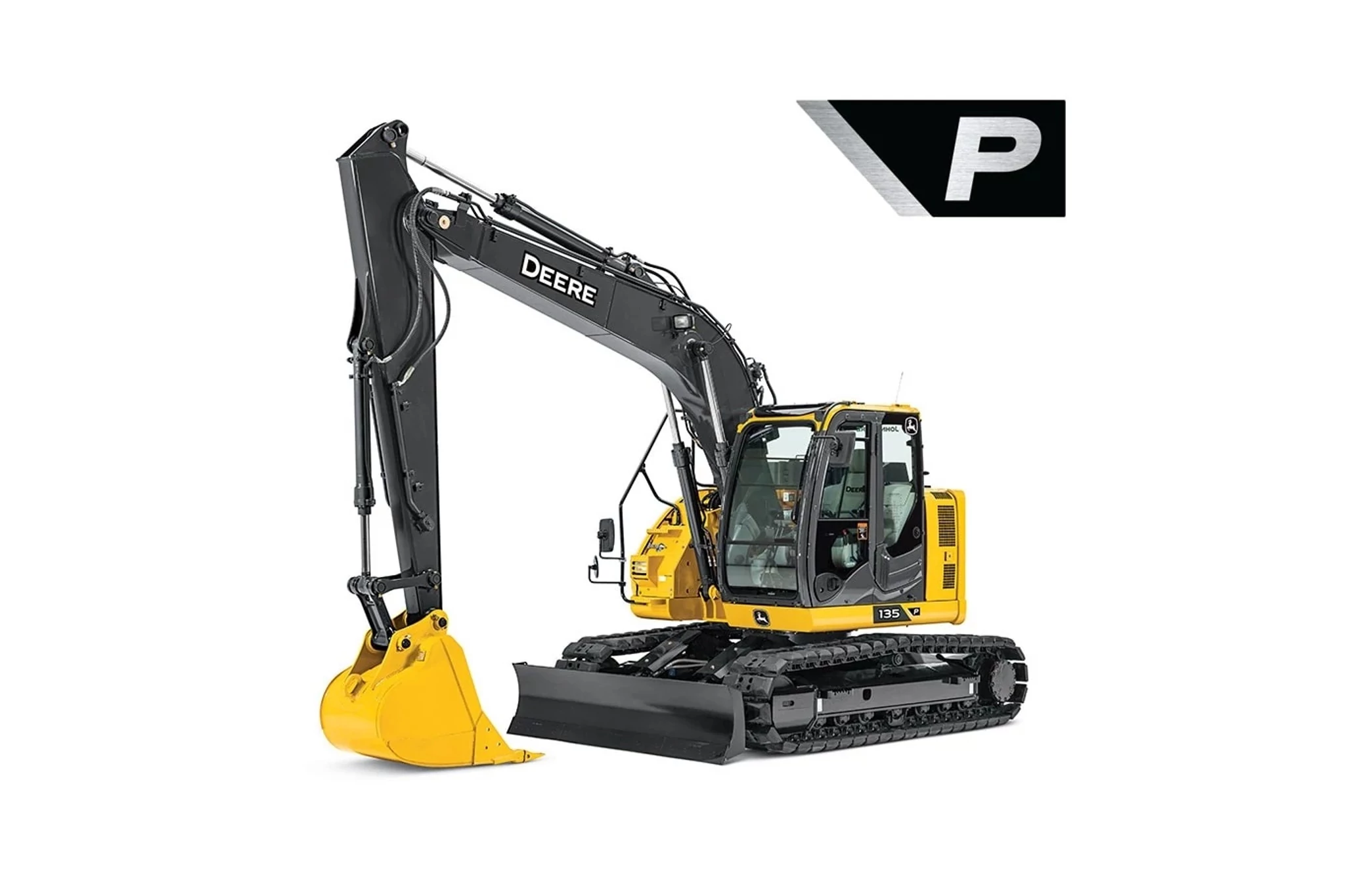 135 P-Tier Mid-Size Excavator with a close up of a yellow and black excavator on a white background
