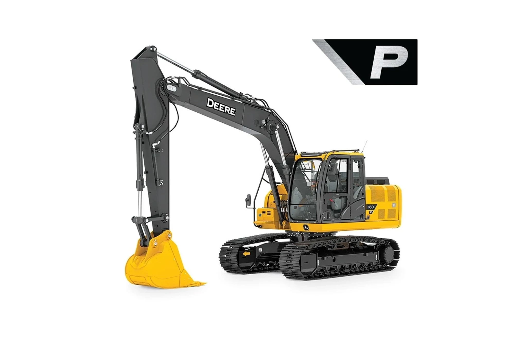 160 P-Tier Mid-Size Excavator with a close up of a yellow excavator on a white background