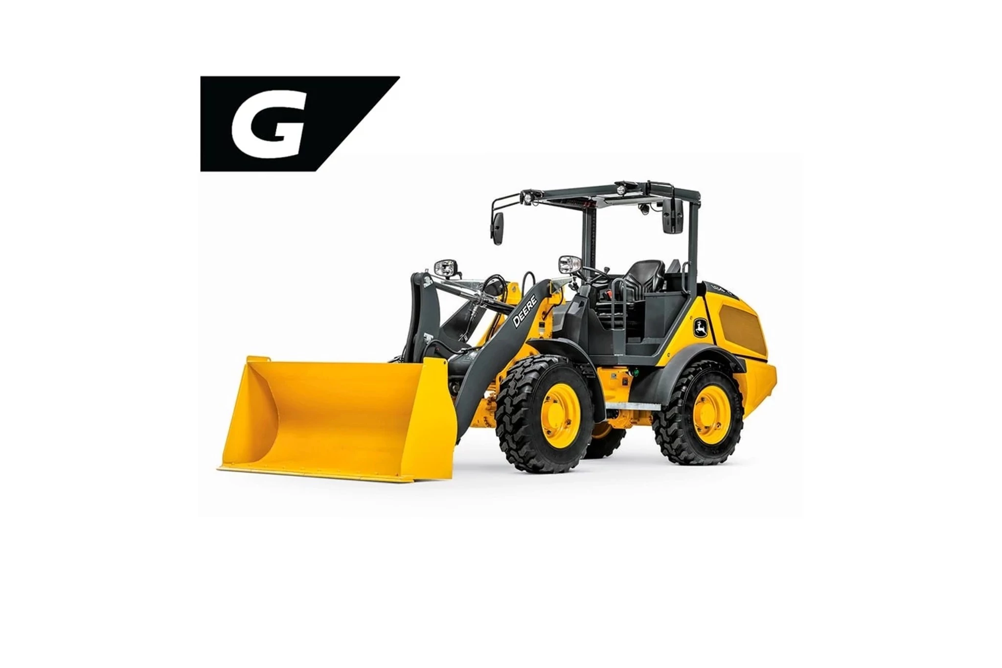 184 G-Tier Compact Wheel Loader with a close up of a yellow construction vehicle with a large shovel