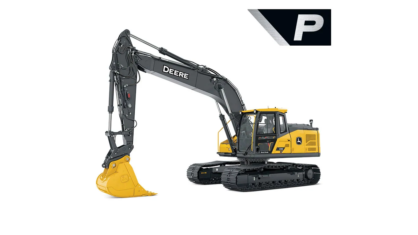 Yellow and black John Deere tracked excavator with a long, articulated arm and large digging bucket, shown in profile on a white background with a stylized black and silver “P” icon in the upper right corner