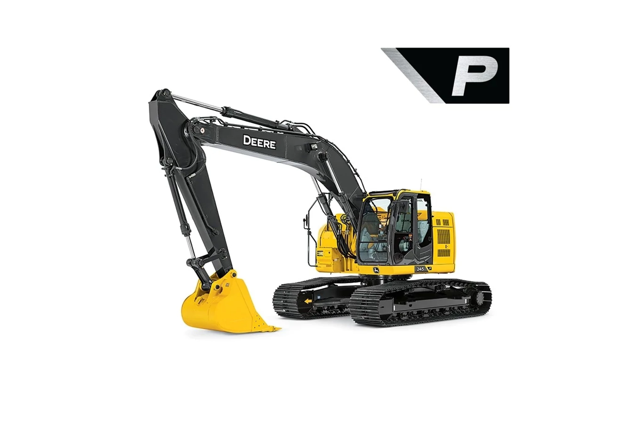 Yellow and black John Deere tracked excavator with a large front bucket and articulated arm, shown on a white background with a stylized black and silver “P” in the upper right corner