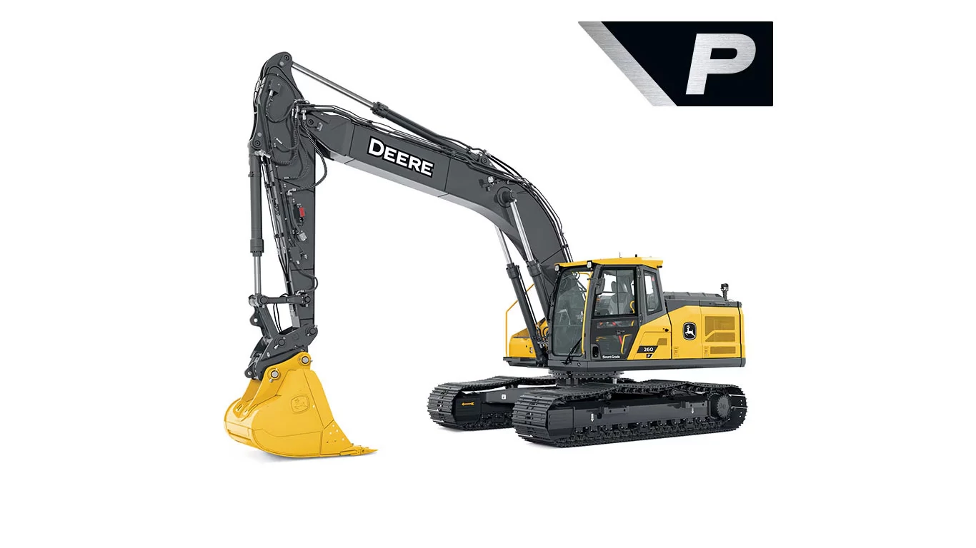 Yellow and black John Deere tracked excavator with a long, articulated arm and large digging bucket, shown in profile on a white background with a stylized black and silver “P” icon in the upper right corner
