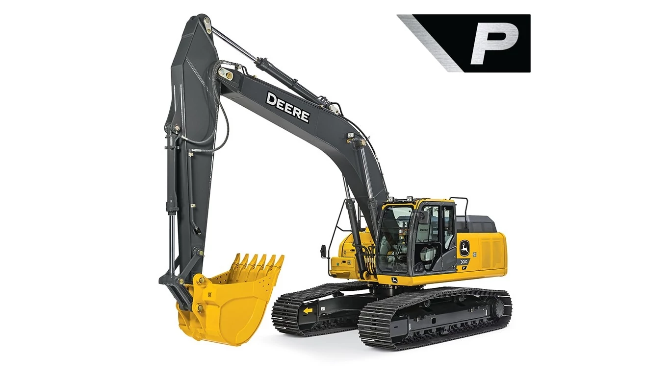 Studio image of a 300 P-Tier Mid-Size Excavator with a close up of a yellow and black excavator