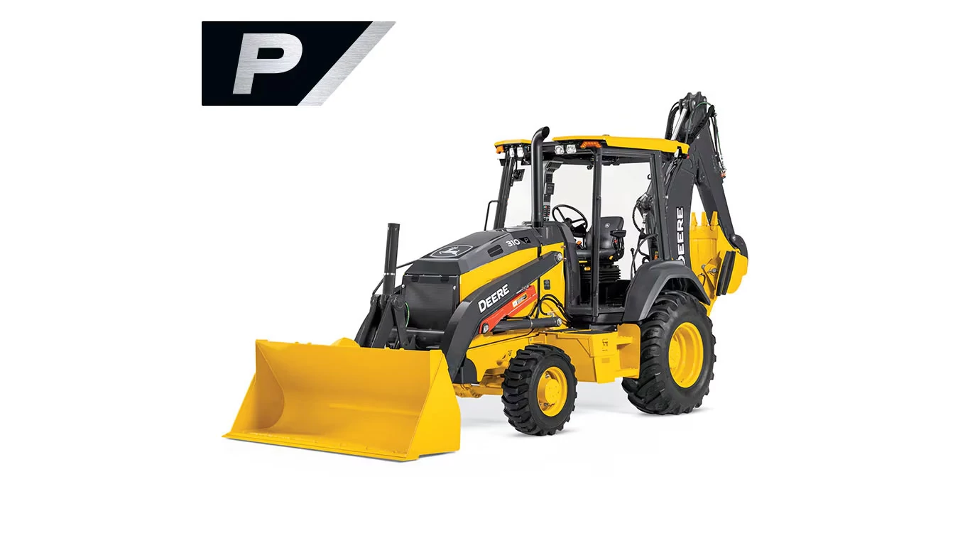 Front left studio view of 310 P-Tier Backhoe Loader with stylized P in upper left corner
