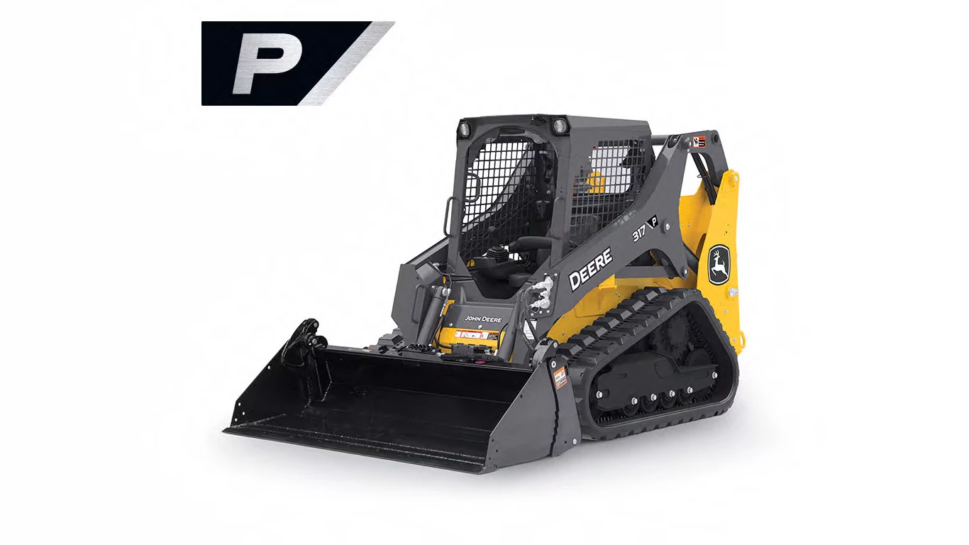 John Deere compact track loader with rubber tracks and a large black front bucket, featuring a gray and yellow body, enclosed cab with protective metal mesh, and the model number “317” visible on the side, shown on a plain light background.