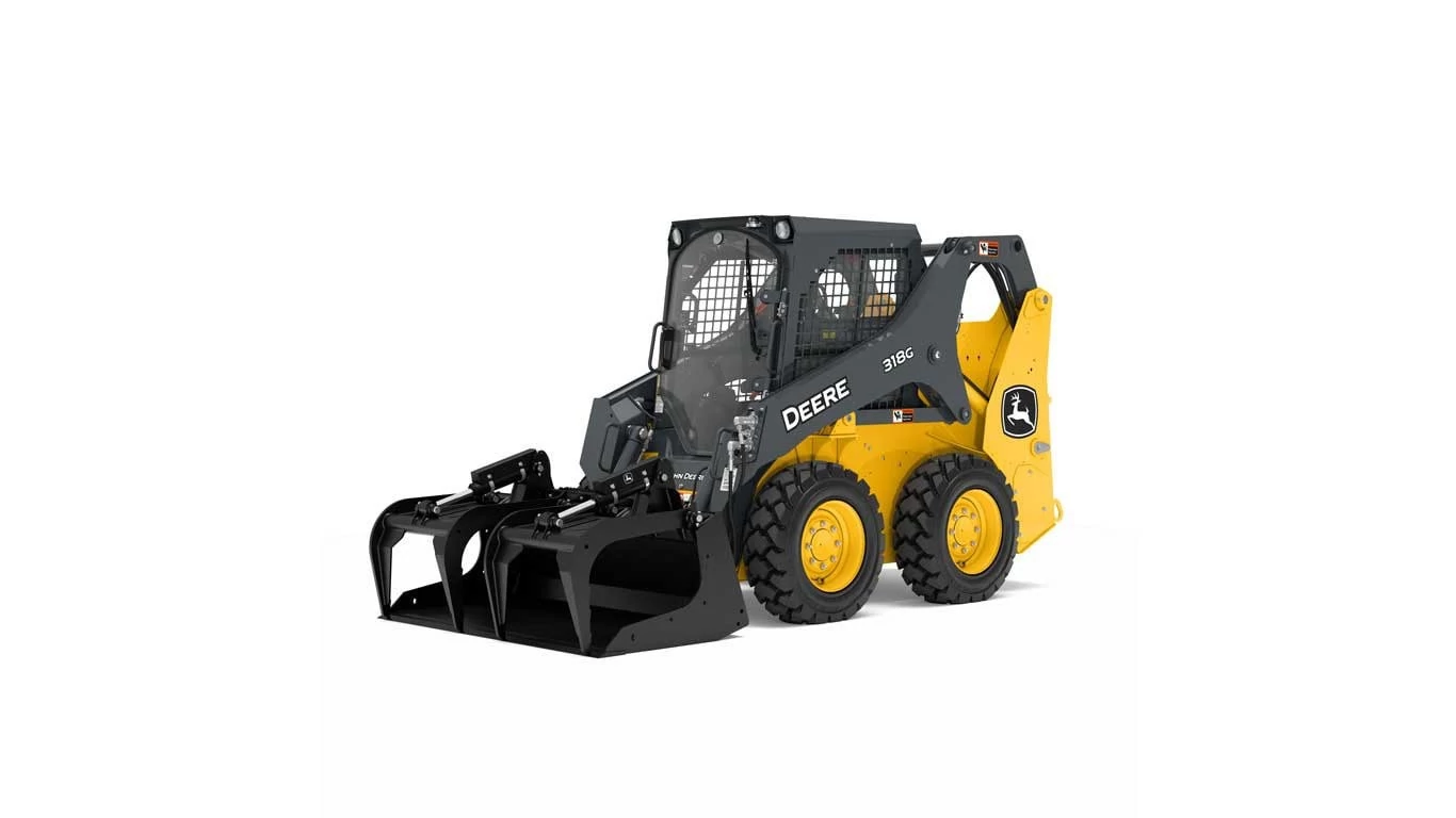 318G SELF-PROPELLED G SERIES with a close up of a ski - door with a skid steer attachment
