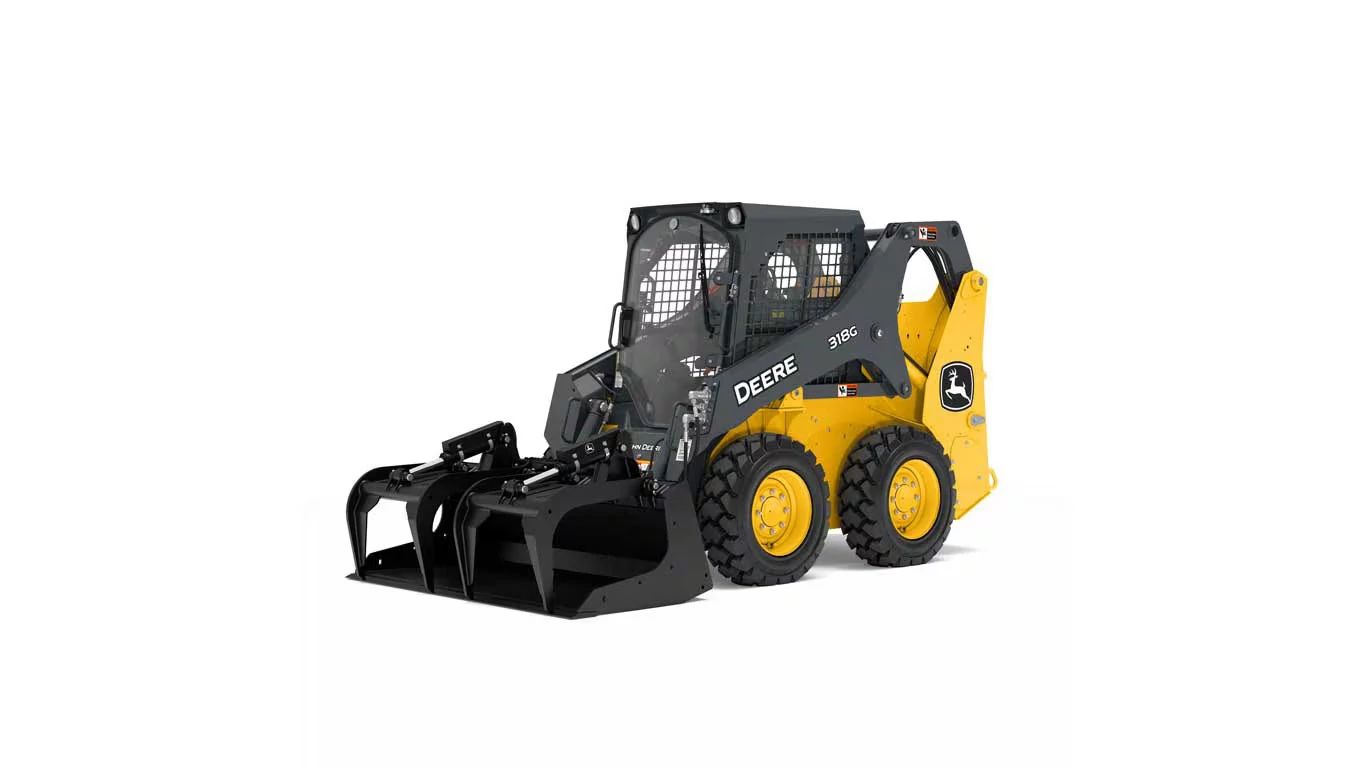 Front left studio view of GS72B Scrap Grapple on 318G Skid Steer