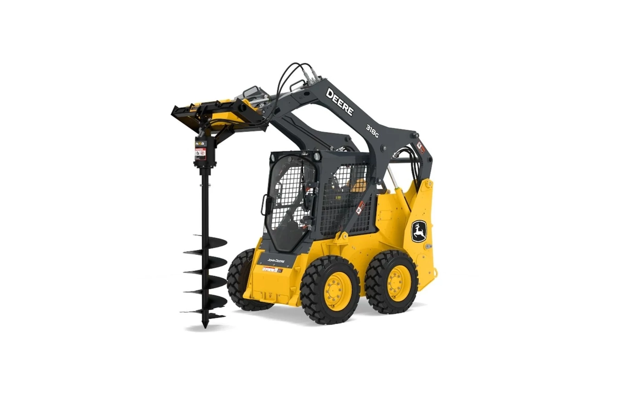 Front left studio view of a 318G Skid Steer with PA15B Planetary Auger