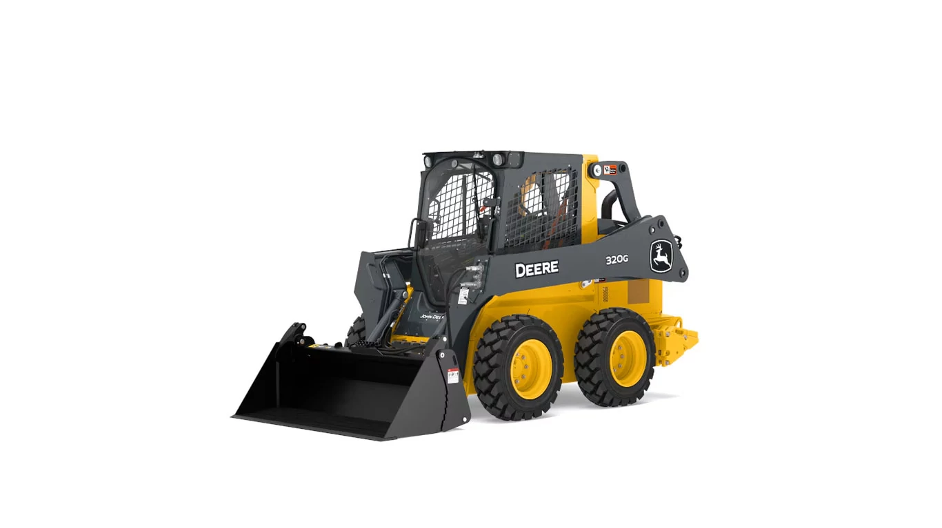 Front left studio view of 320G Skid Steer with MP72B Multi-Purpose Bucket
