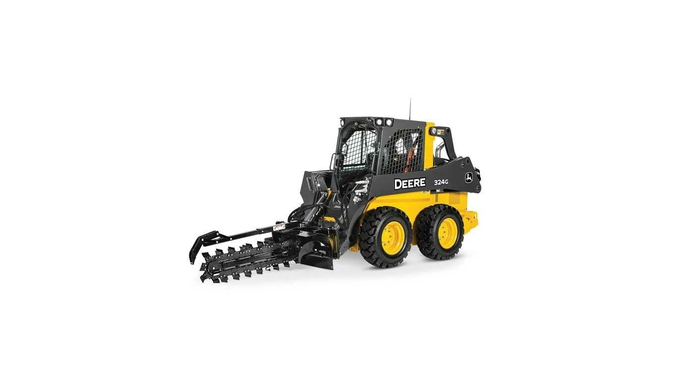 Front left studio view of 324G Skid Steer Loader with trencher attachment
