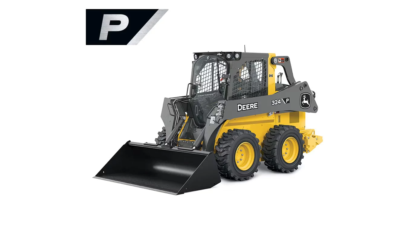 Yellow and black John Deere skid steer loader with four wheels, enclosed cab, protective metal grid, and front-mounted bucket, shown in profile on a white background with a stylized black and silver “P” in the upper right corner
