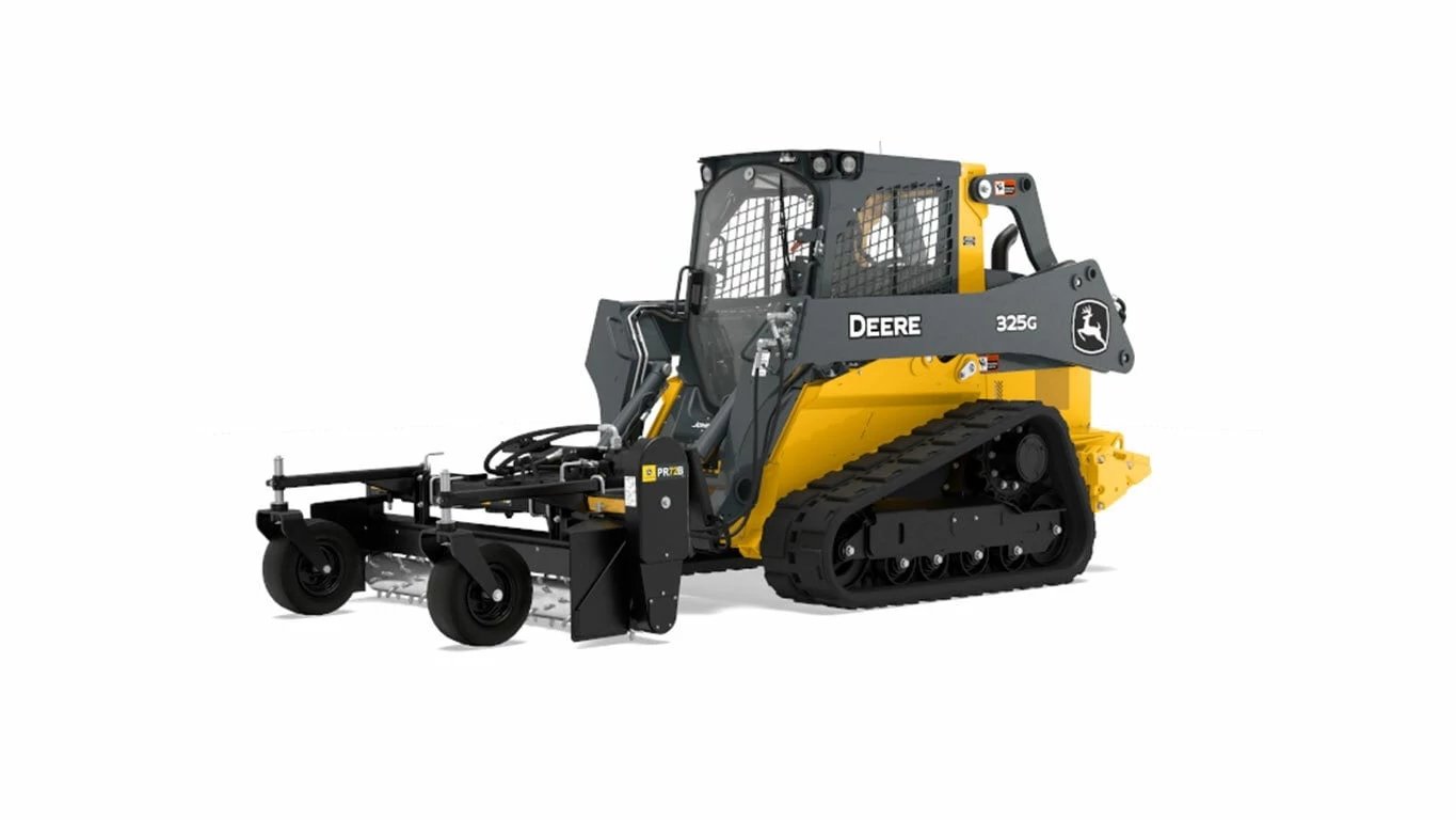 Front left studio view of 325G Compact Track Loader with PR72B Power Rake