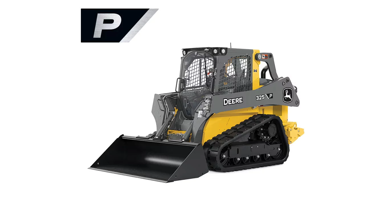 Yellow and black John Deere tracked loader with a front bucket attachment, shown against a plain white background with a stylized black and silver 