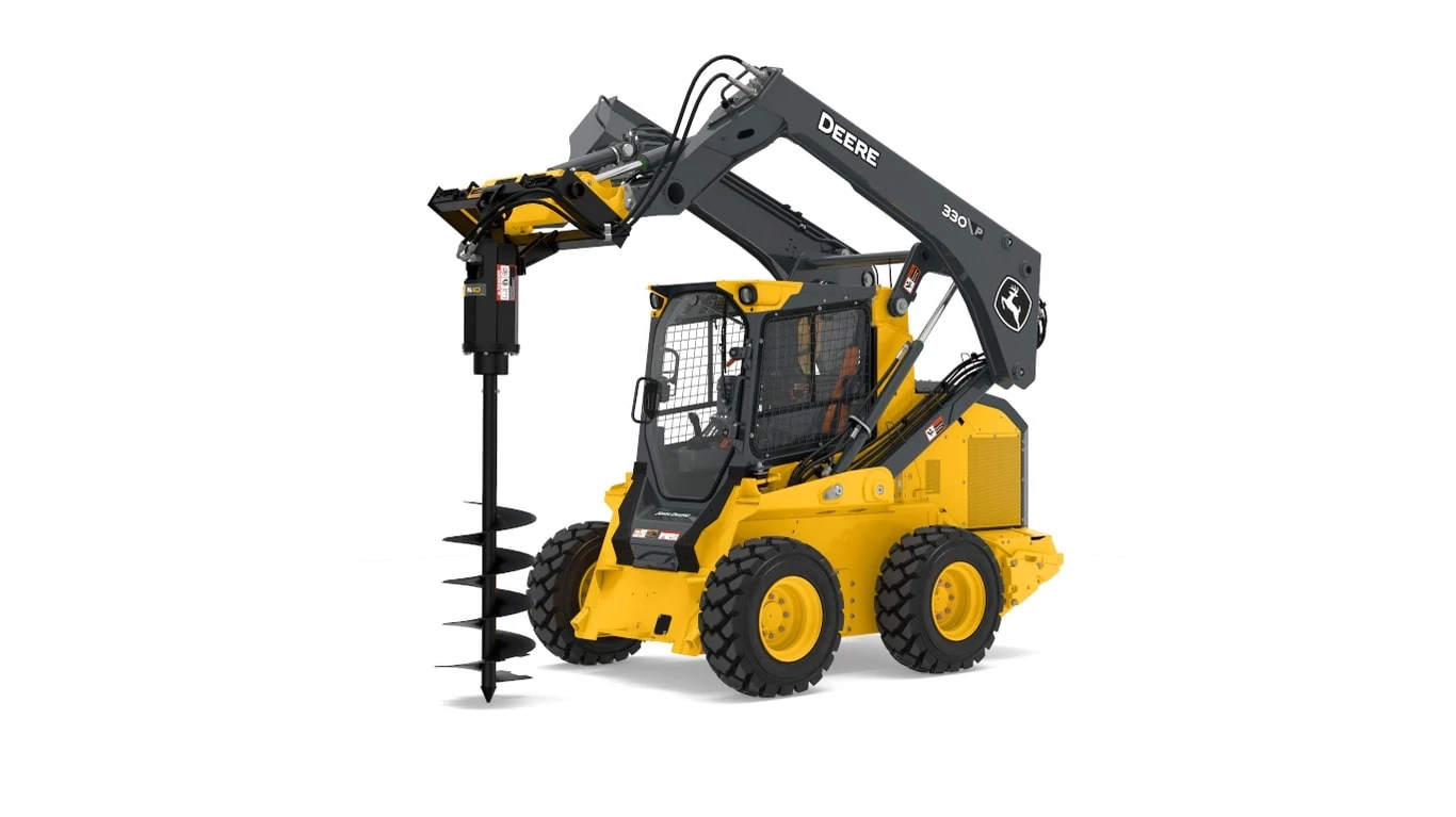 Front left studio view of a 330 P-Tier Skid Steer with a PA40 Planetary Auger