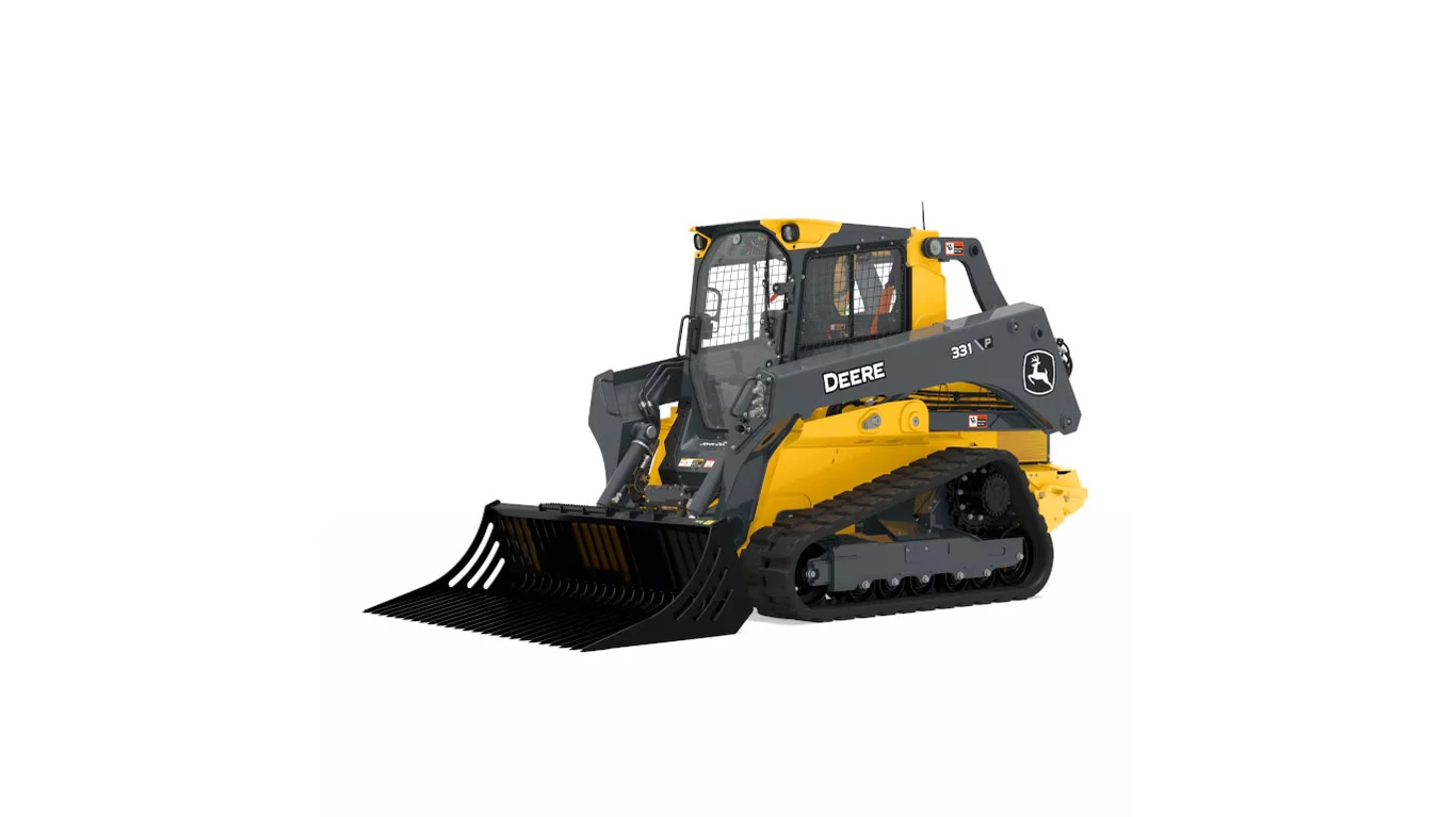 Front left studio view of 331 P-Tier Compact Track Loader with R84 Rock Bucket
