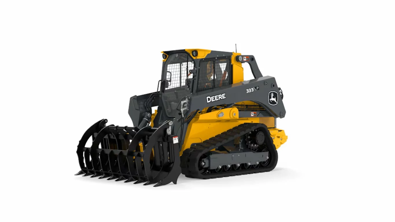 RR84 Root Rake front left angle attached to 333P Skid Steer