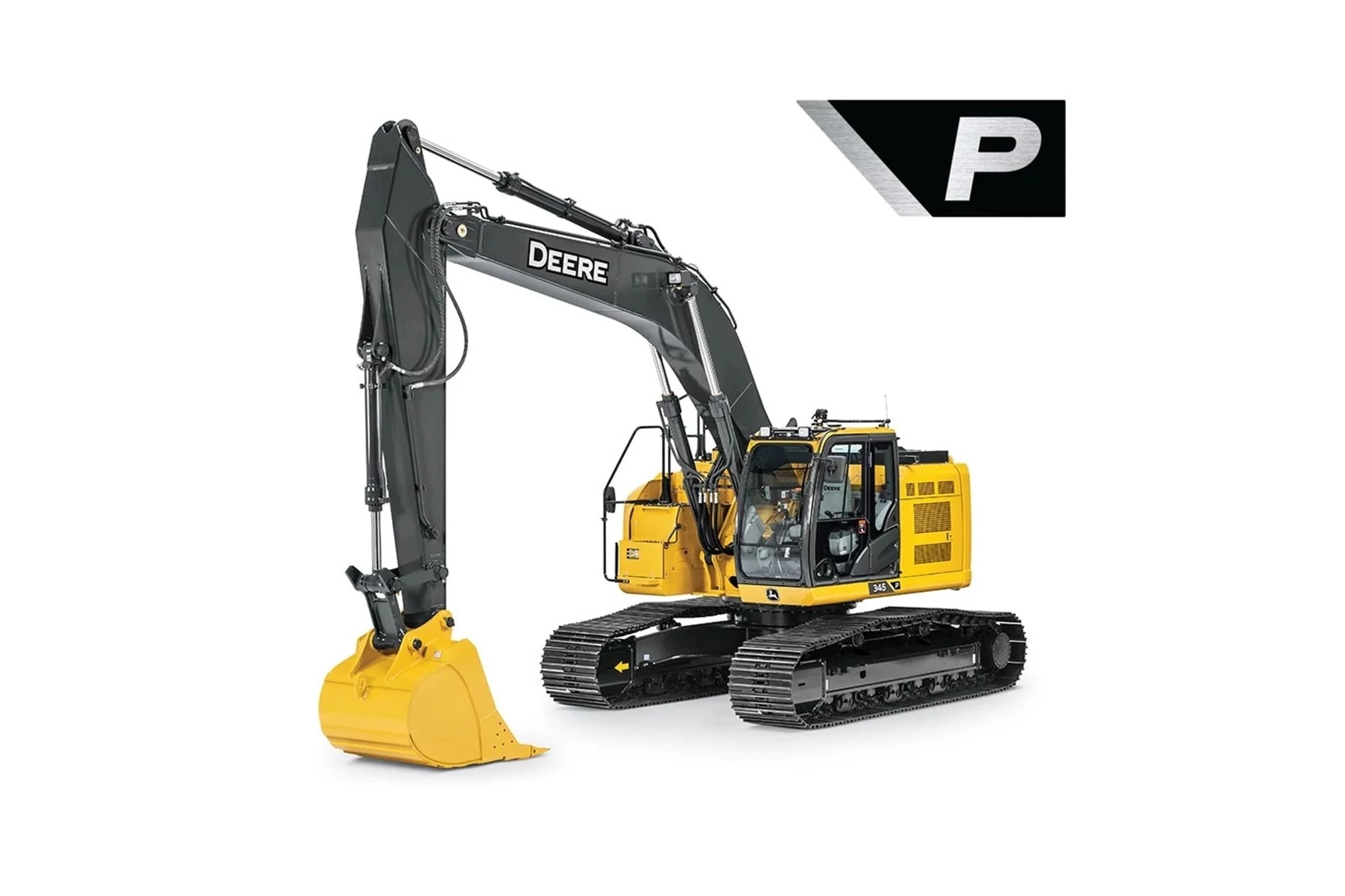 Yellow and black John Deere tracked excavator with a large front bucket and articulated arm, shown on a white background with a stylized black and silver “P” in the upper right corner