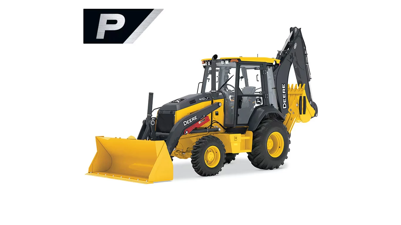 Front left studio view of 410 P-Tier Backhoe Loader with stylized P in upper left corner