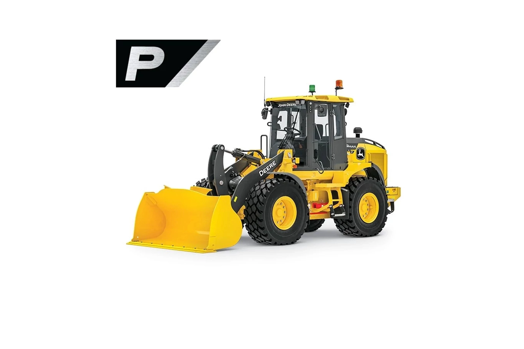 Studio image of a 444 P-Tier Backhoe from a front left view