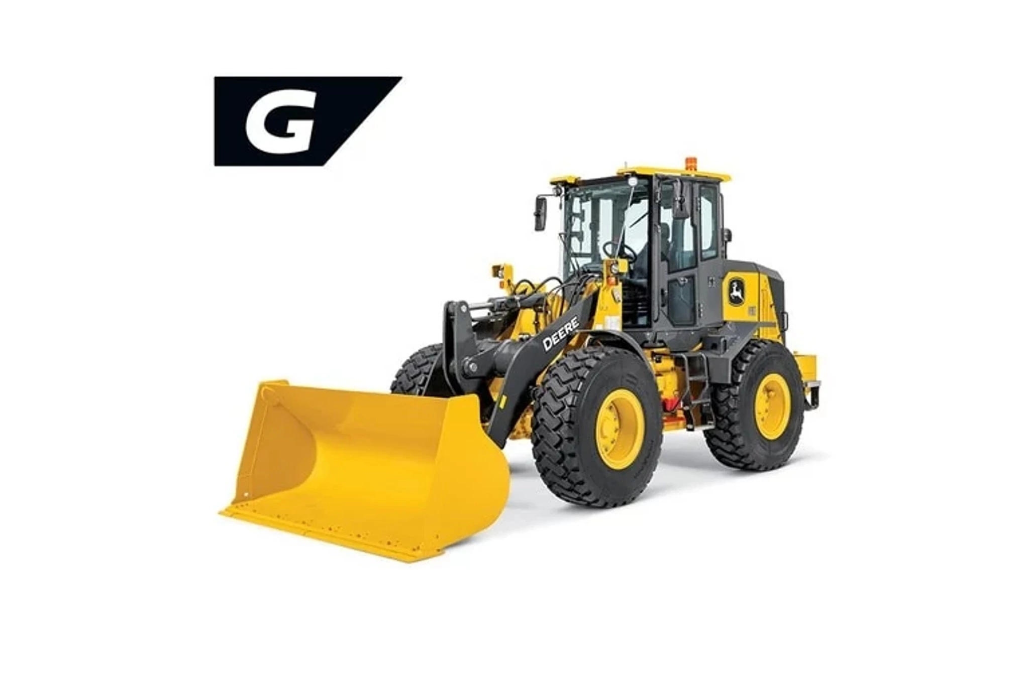 Studio image of a 444 G-Tier Backhoe from a front left view