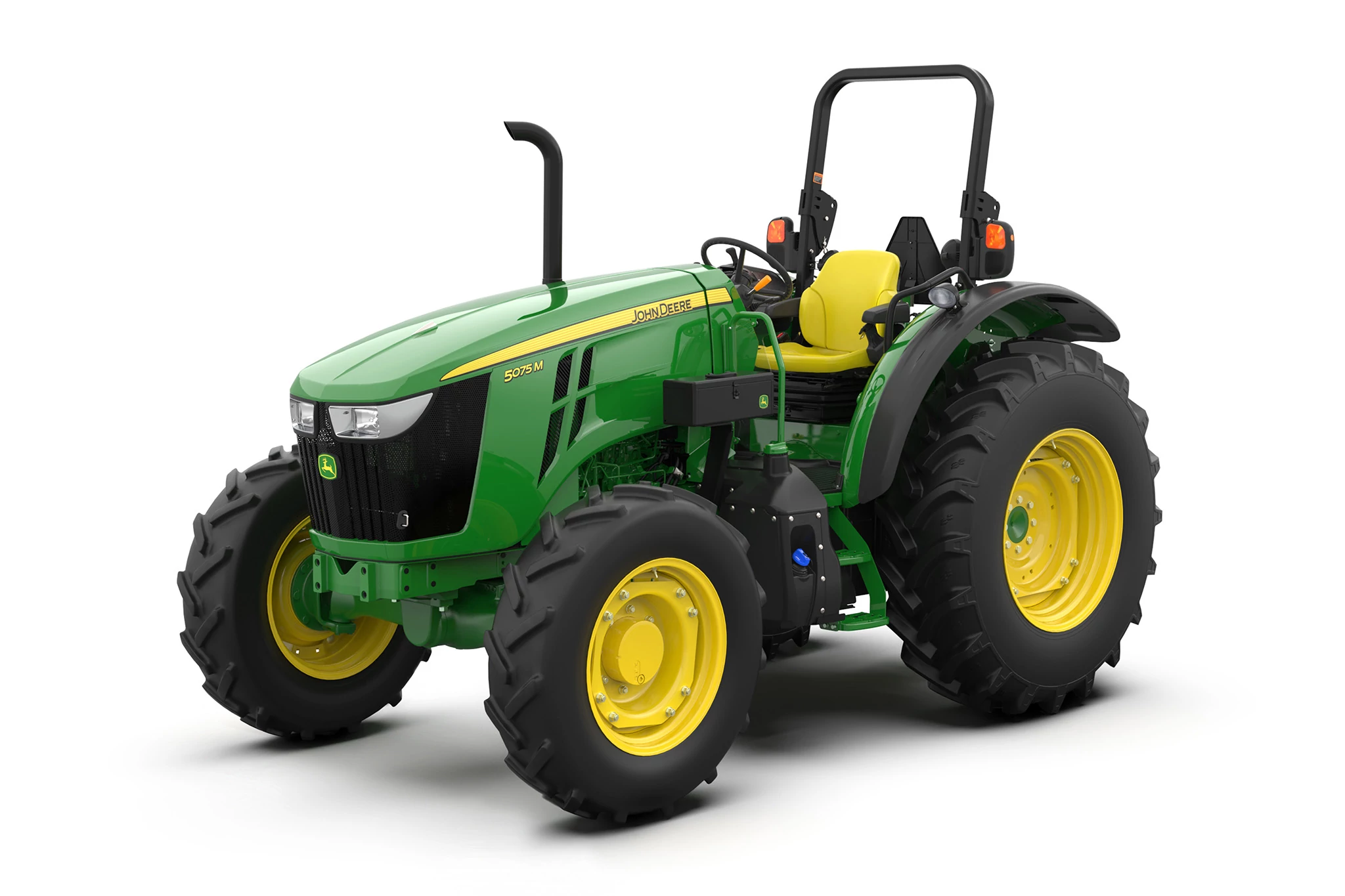 Studio image with left front view of 5075M utility tractor.