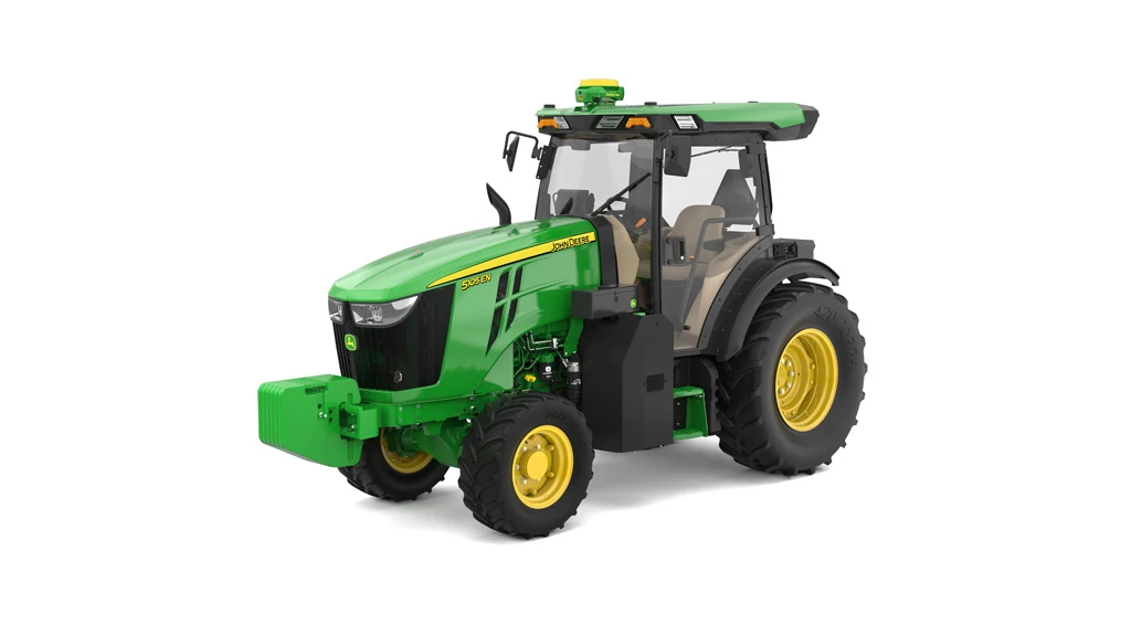 Studio image with front left view of 5105EN tractor.
