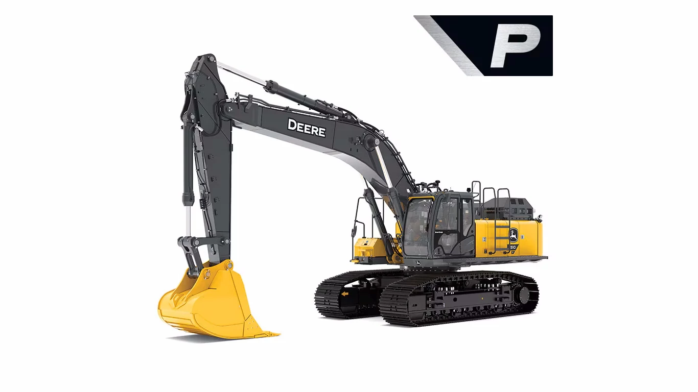 John Deere hydraulic excavator with a long gray boom and arm, featuring a large yellow digging bucket, enclosed operator cab, and black metal tracks