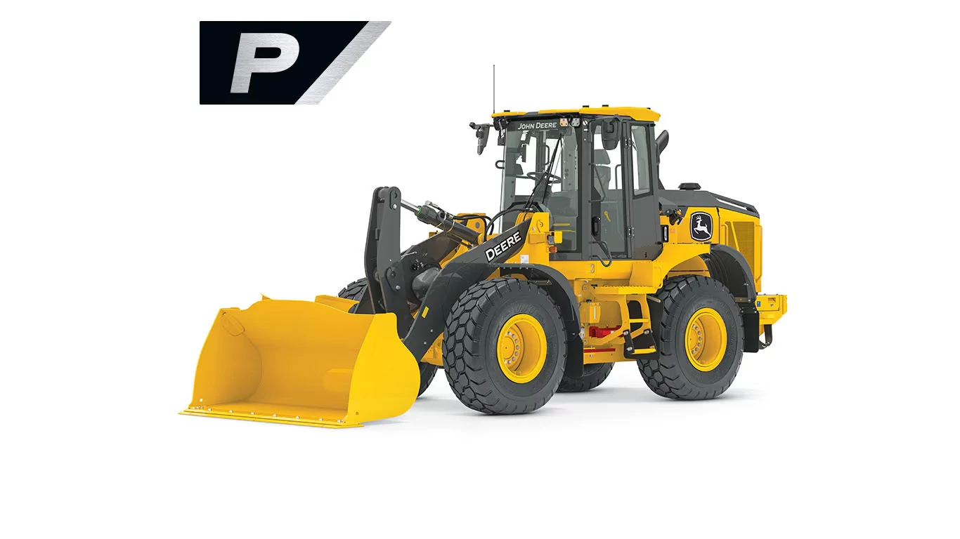Front left studio image of 524 P-Tier Wheel Loader with stylized P in the upper left corner