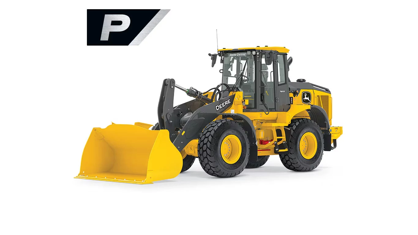 Front left studio image of 544 P-Tier Wheel Loader with stylized P in the upper left corner