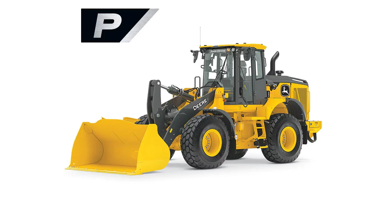 Front left studio image of 624 P-Tier Wheel Loader with stylized P in the upper left corner
