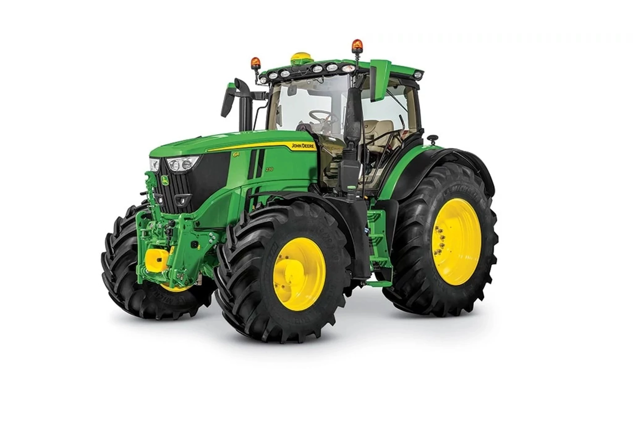 Studio image with a front left view of a 6R 230 Utility Tractor