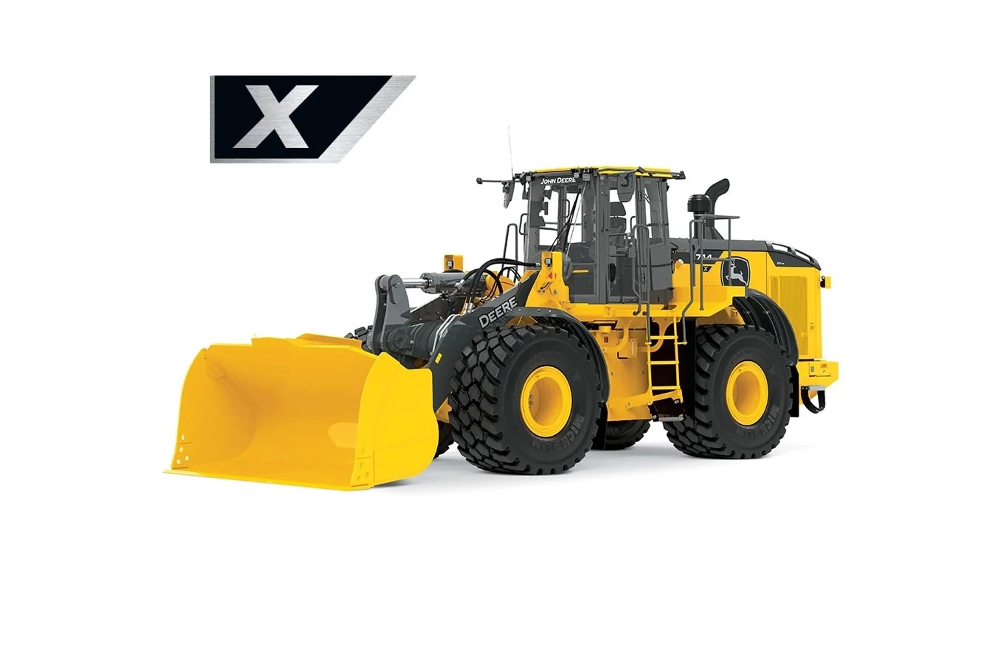 Studio image with a front left view of a 744X Wheel Loader