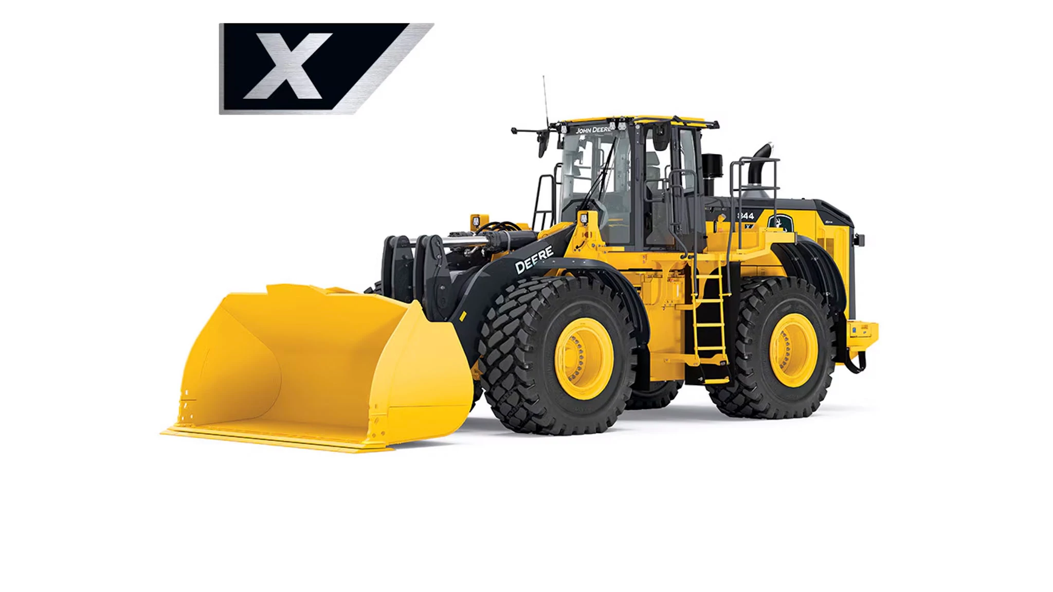844 X-Tier wheel loader with a large bucket attachment, black tires, and enclosed cab, shown on a white background in a side view.