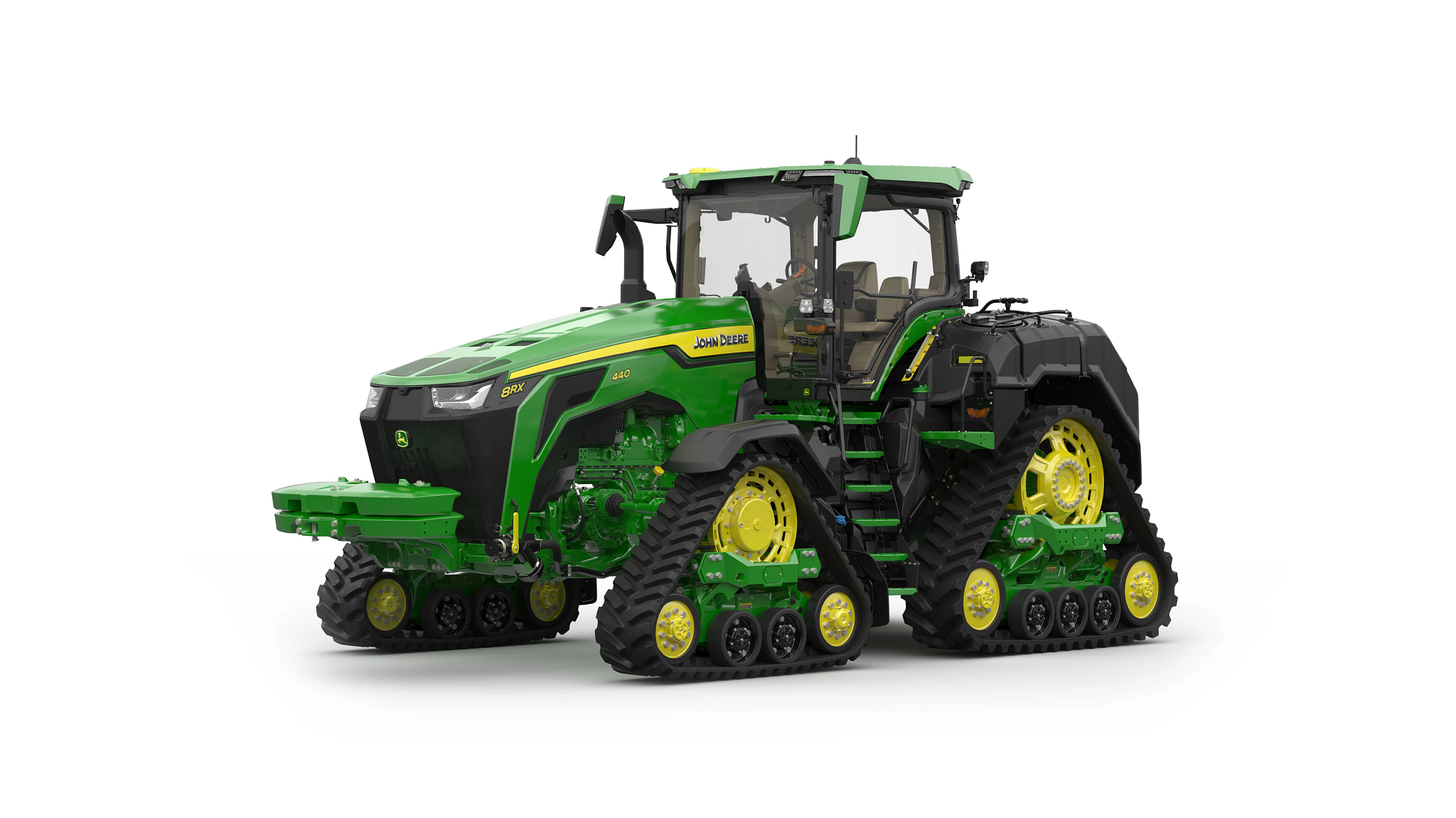 Studio rendering with front left view of 8RX 440 tractor.