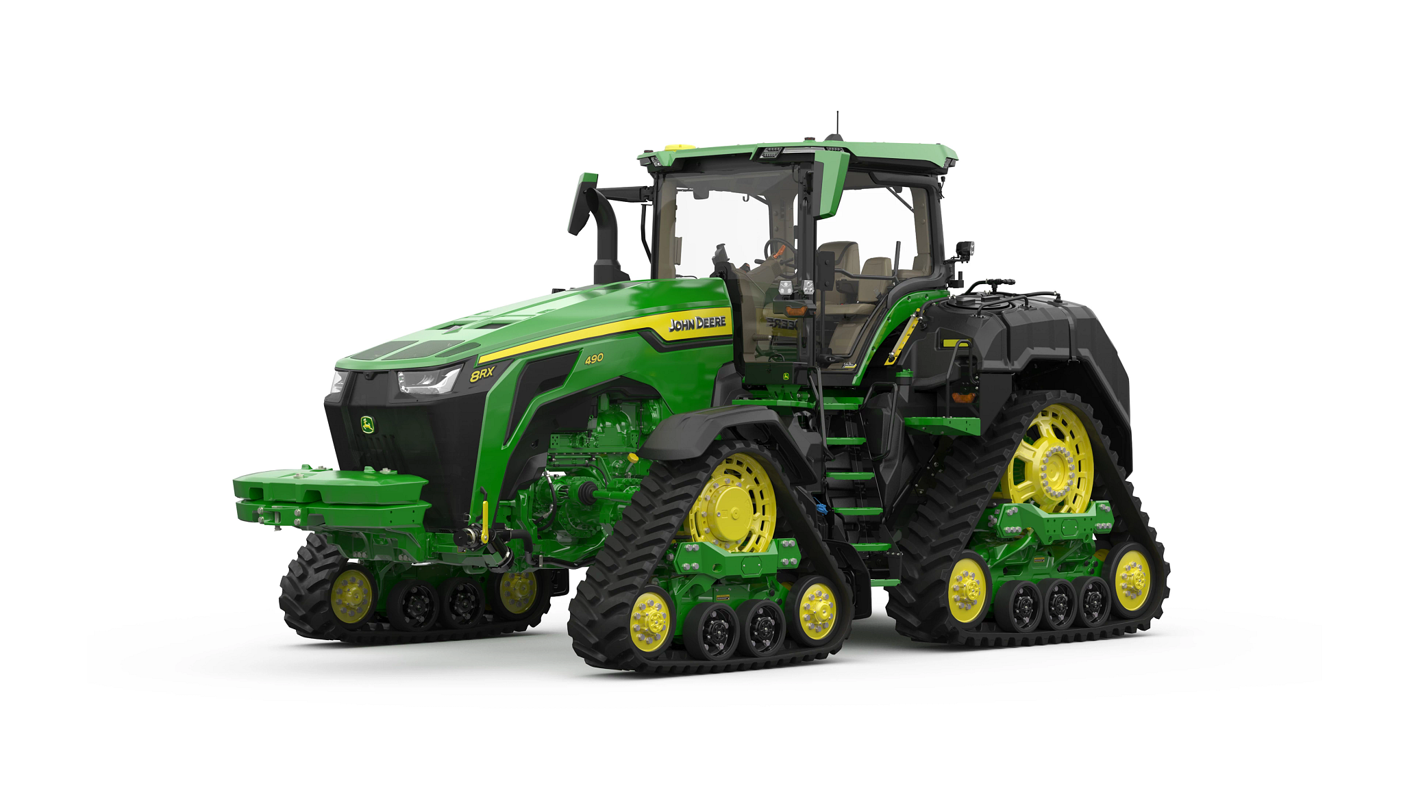 Studio rendering with front left view of 8RX 490 tractor.