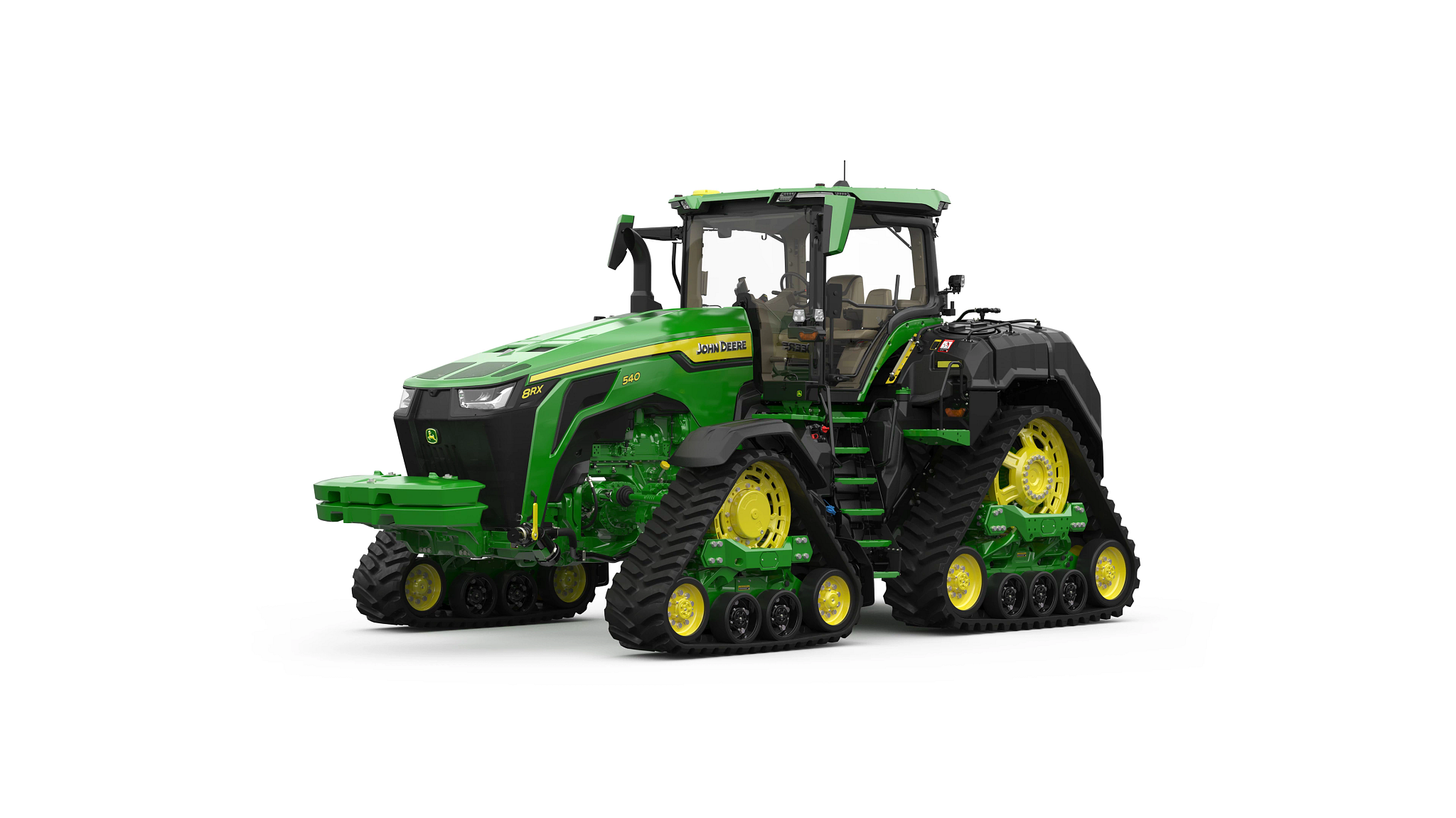 Studio rendering with front left view of 8R 540 tractor.
