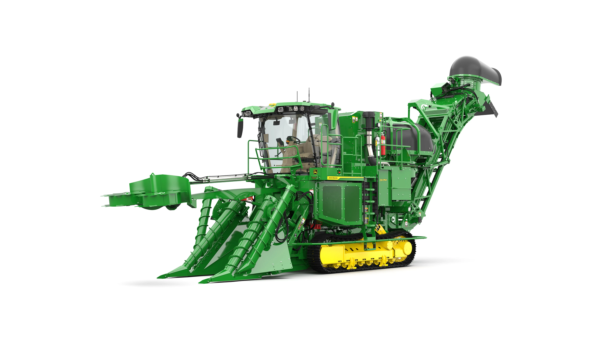 Front left studio rendering of CH750 Sugar Harvester featuring a tracked undercarriage, enclosed operator cab, front harvesting attachments, and a tall conveyor chute extending upward at the rear