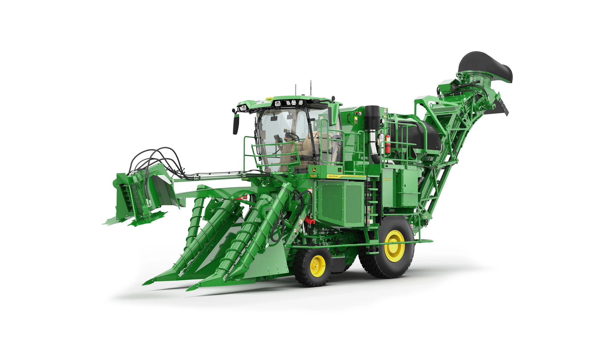 Front left studio rendering of CH750 Sugar Harvester with yellow wheels, featuring a multi-point front harvesting head, an enclosed operator cab, and a tall rear conveyor chute angled upward, shown on a white background