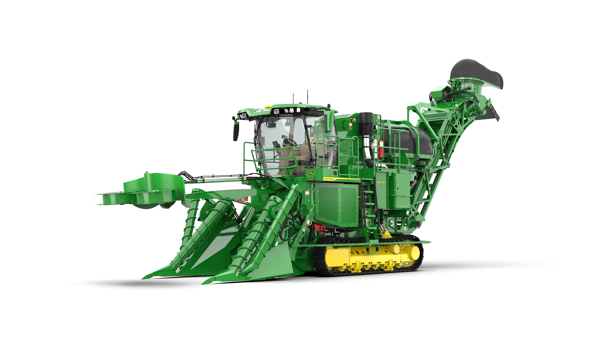 Front left studio rendering of CH770 Sugar Harvester on a white background, featuring an enclosed operator cab, pointed front harvesting head, a yellow tracked undercarriage, and a raised rear conveyor system