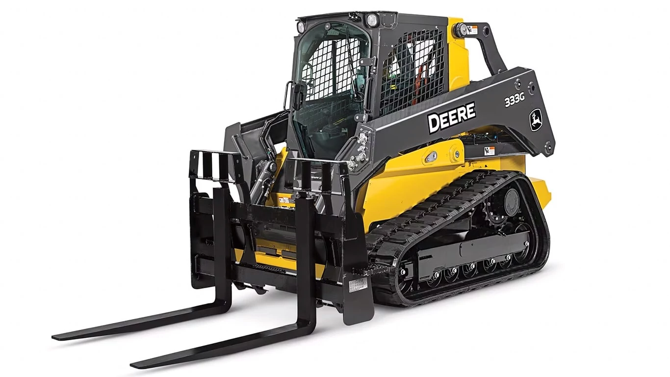 Front left view of Pallet Fork Attachment on 333G Compact Track Loader