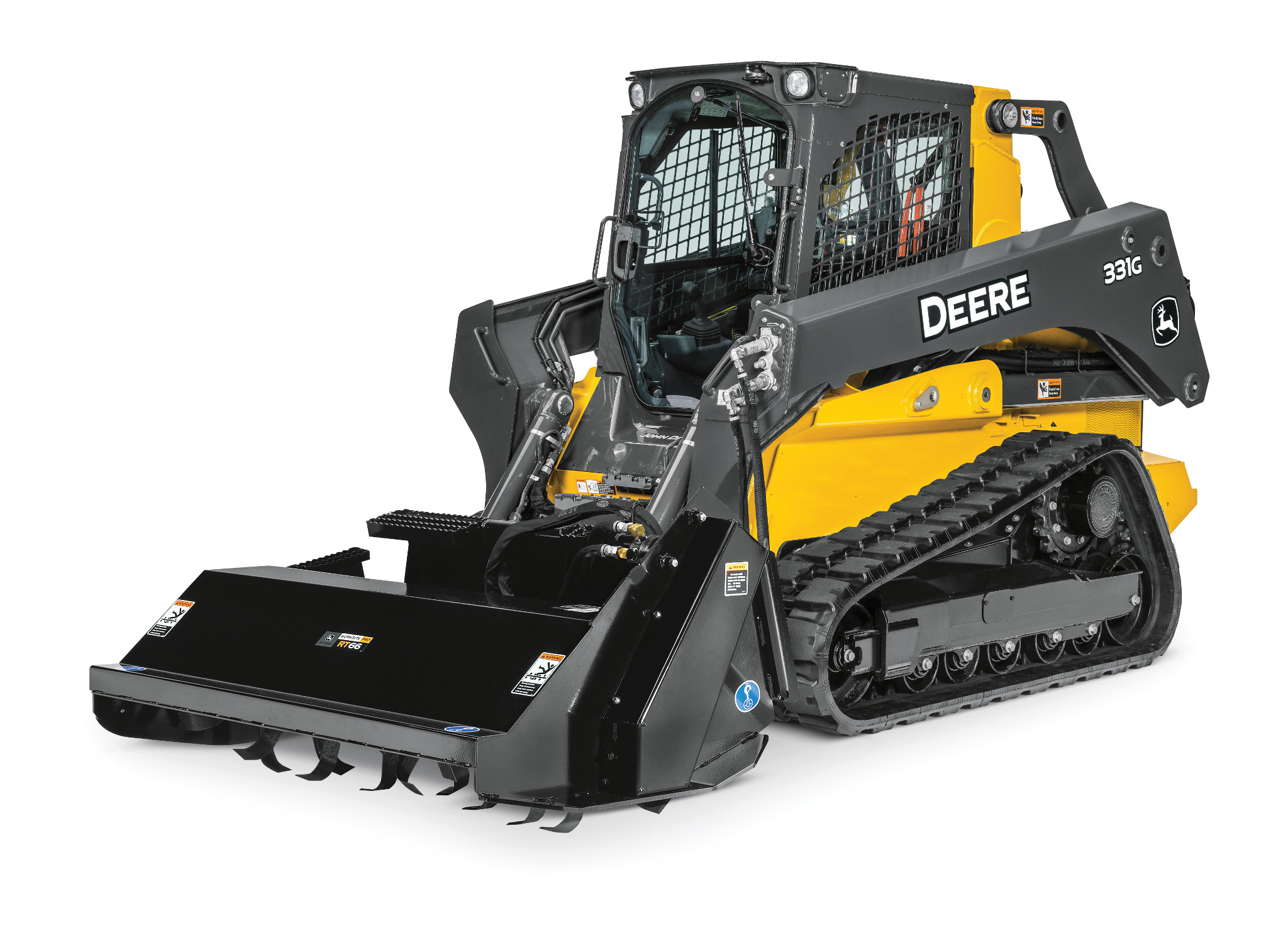 A compact tracked skid-steer loader equipped with a front-mounted cutting attachment, shown on a white background with protective cab enclosure and rubber tracks.