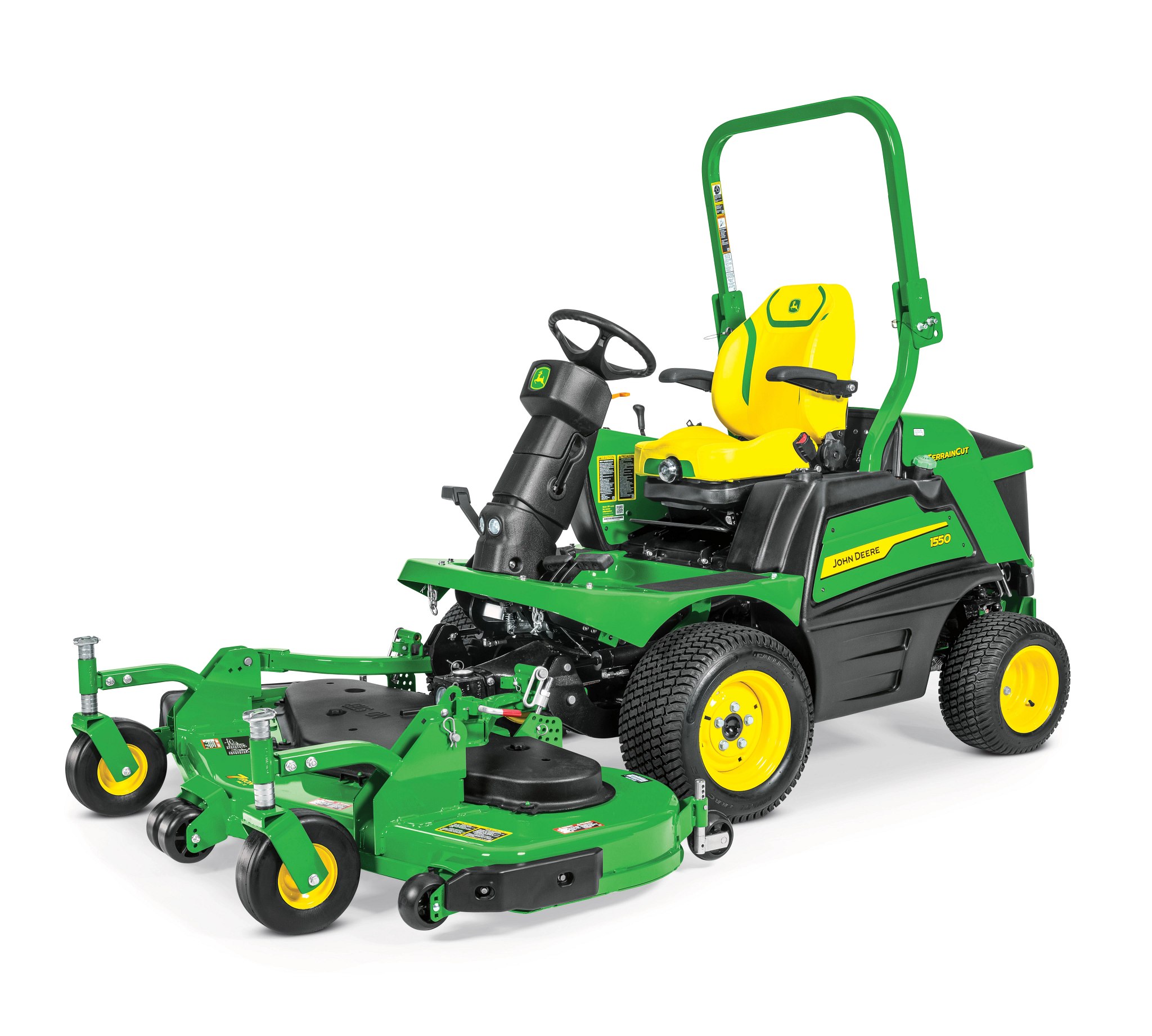 Front left studio view of a green, black, and yellow 1550 TerrainCut™ Front Mower