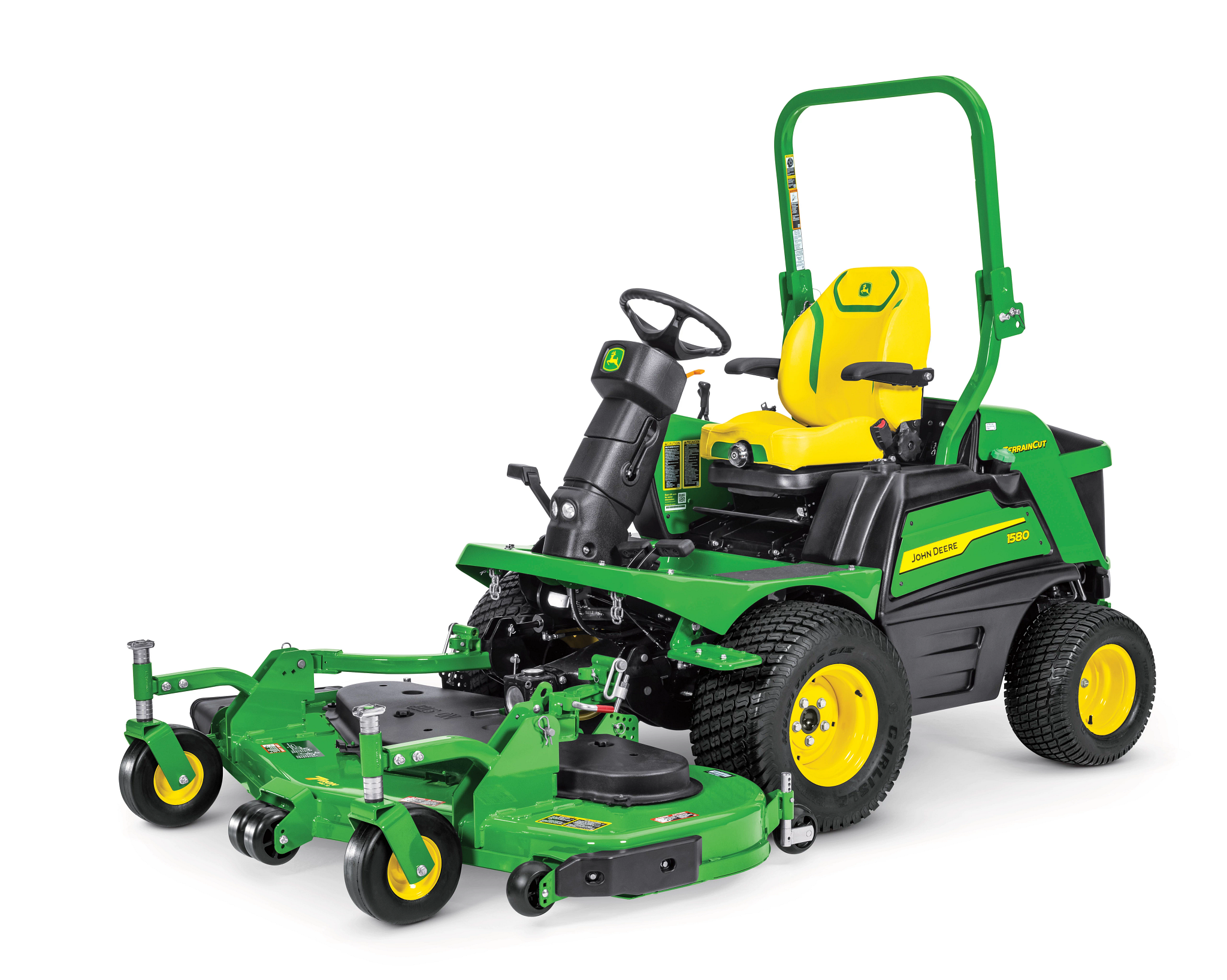 Front left studio view of a green, black, and yellow 1580 TerrainCut™ Front Mower