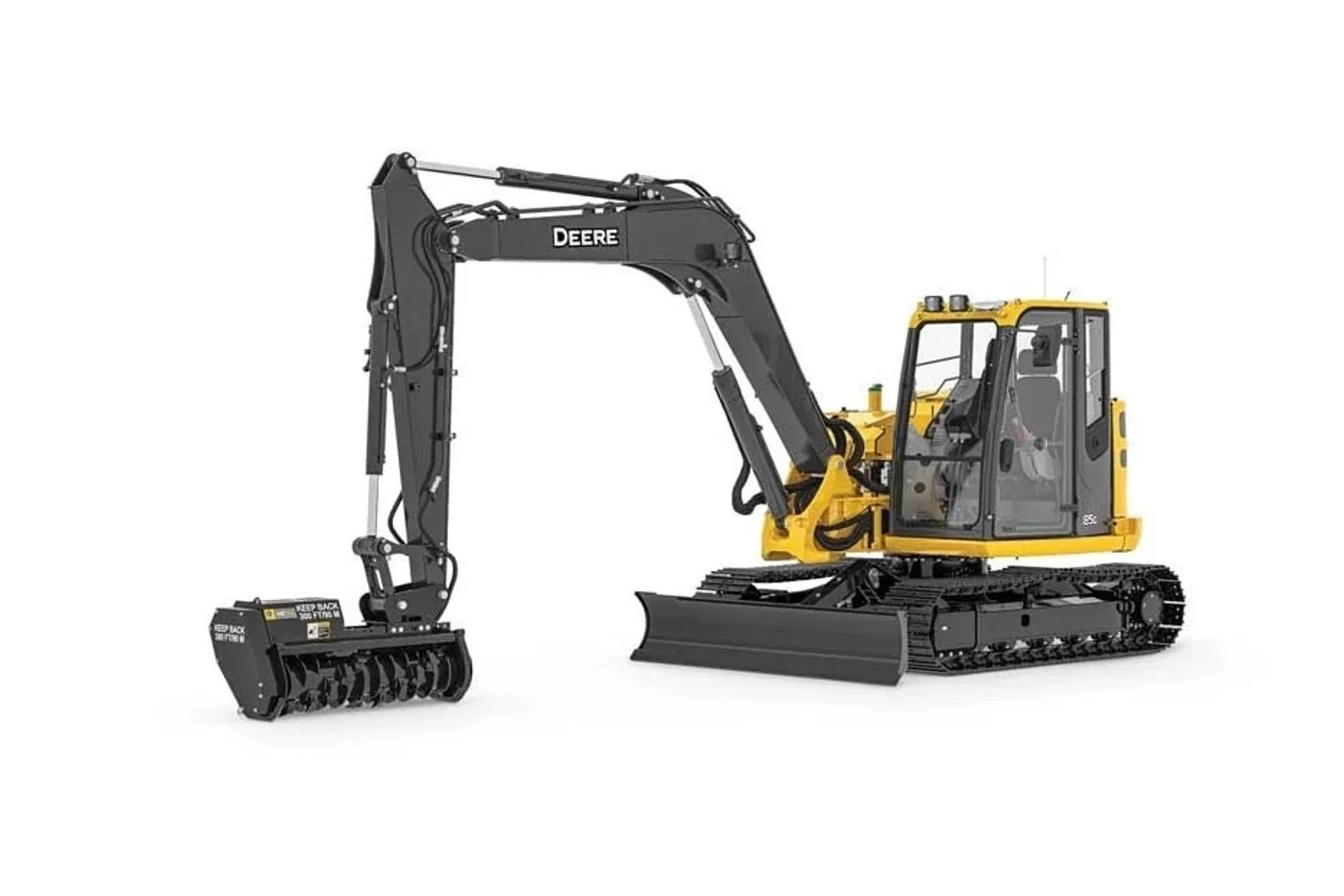 Studio image with a front left view of an excavator with ME50 mulching head