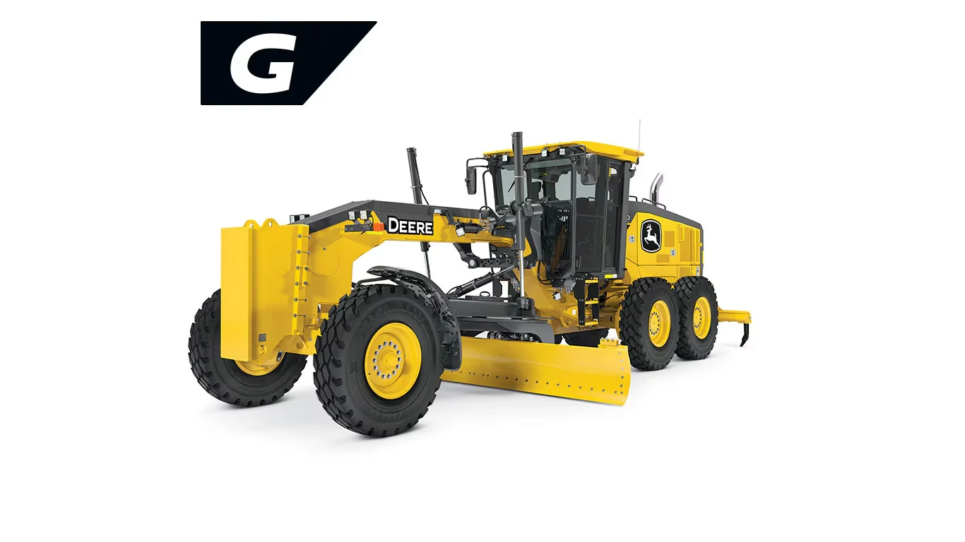 Front left studio view of 670 G-Tier Motor Grader with stylized G in upper left corner