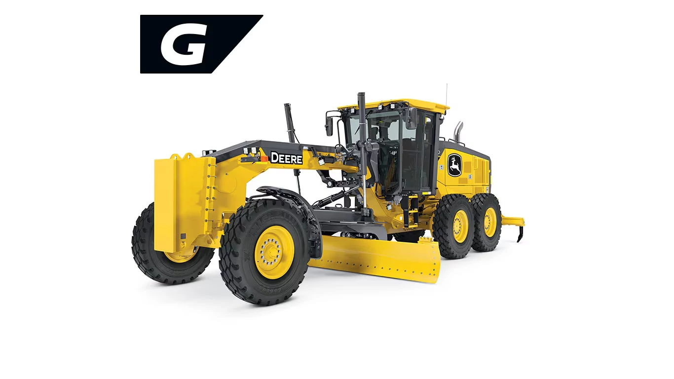Front left studio view of 770 G-Tier Motor Grader with stylized G in upper left corner