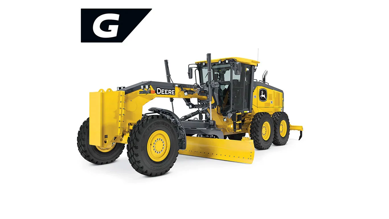 Front left studio view of 672 G-Tier Motor Grader with stylized G in upper left corner