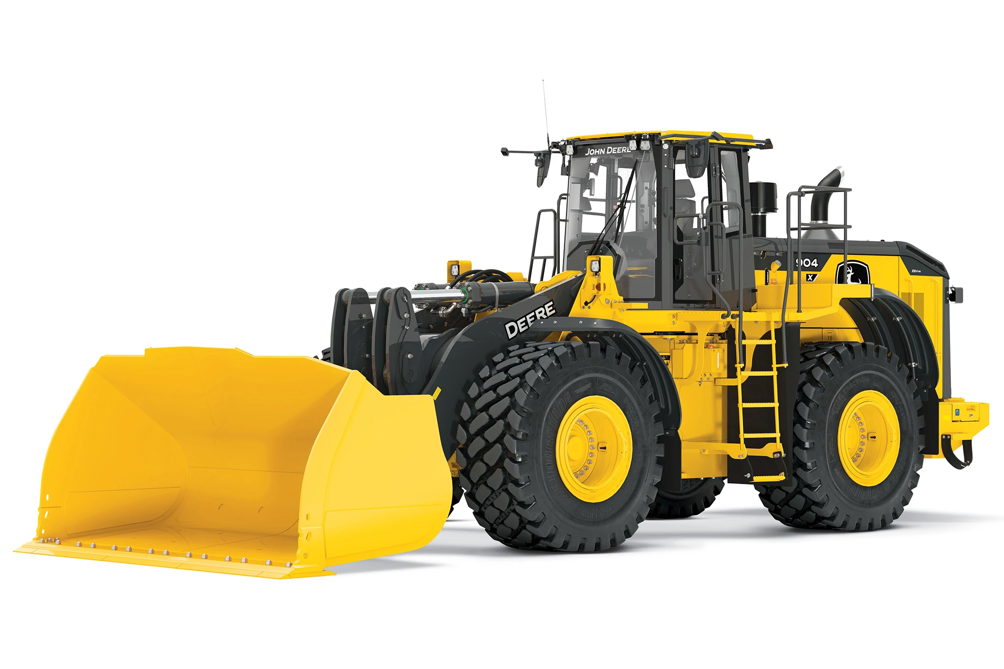 904 X-Tier wheel loader with a large front bucket, oversized treaded tires, and an enclosed glass cab, shown from a side angle on a plain white background.