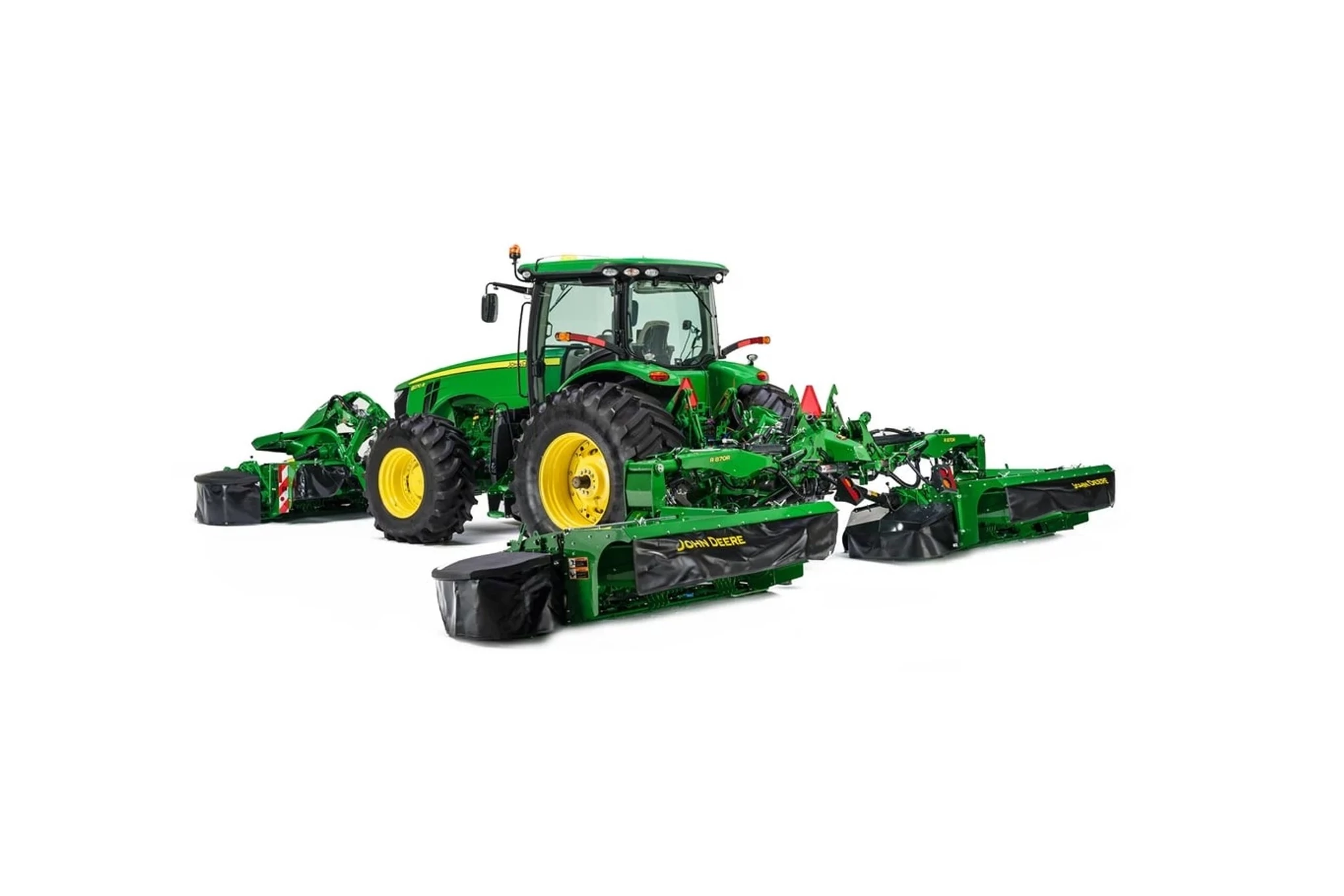 Studio image with a left view of an R870R Rear Mount Mower Conditioner